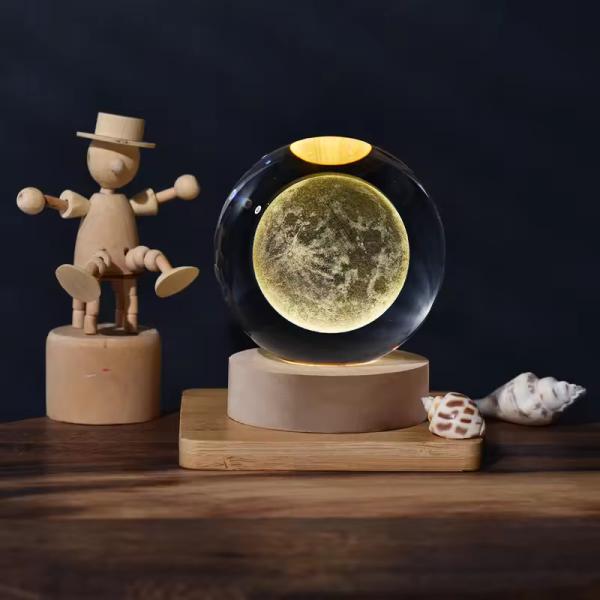 6cm 3D Art Crystal Ball Night Light Birthday Gift Night Light Wooden Light Base