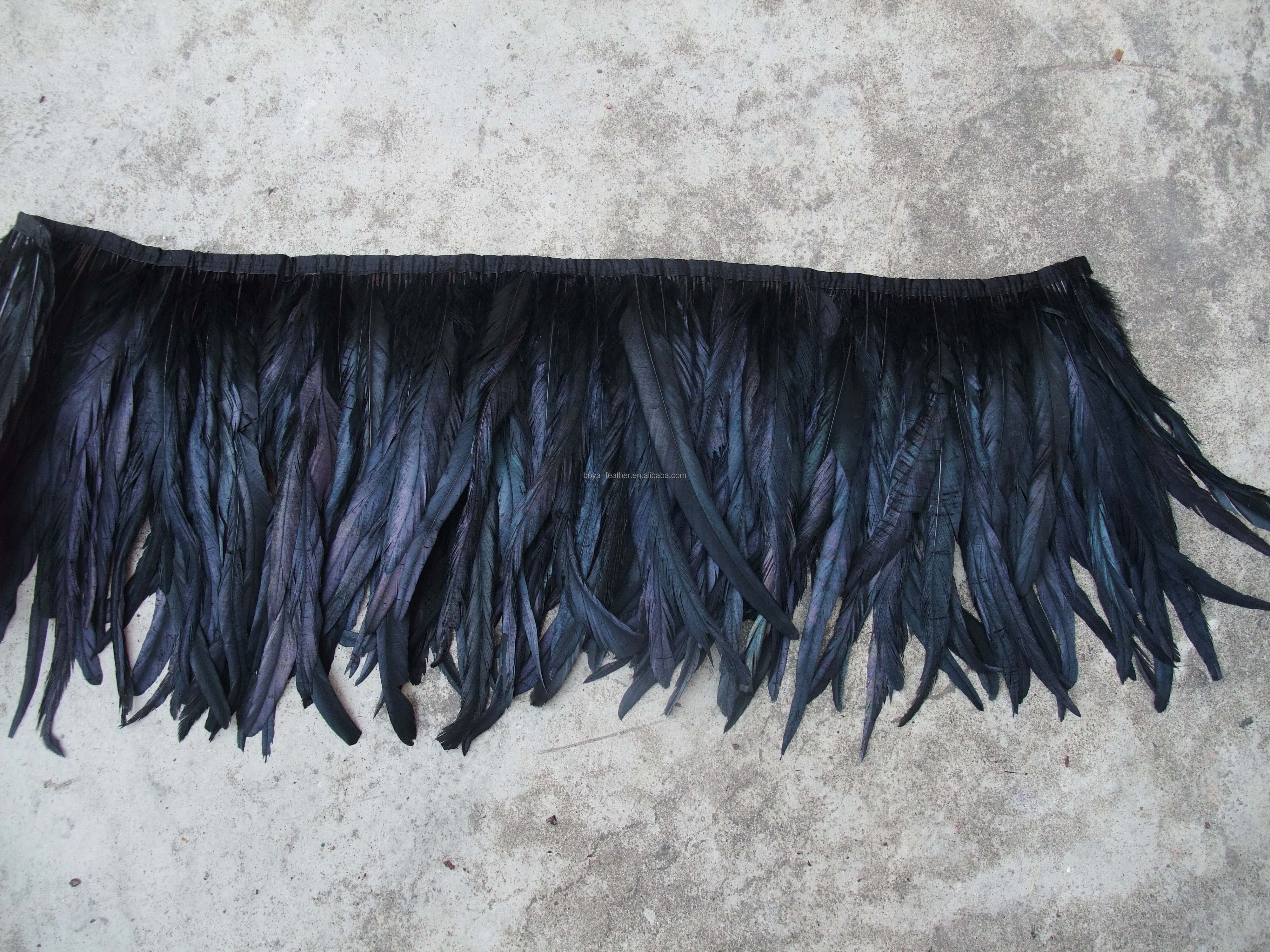 Party Decoration Black Rooster Coque Feather Fringe Trim with Satin Ribbon Tape Dyed 10-12inch