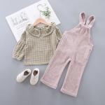 Girls Outfit Sets Bubble Sleeve Shirt Shoulder Band Lapel Pink Denim Overalls