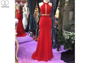 China Hanging Neck Red Mermaid Formal Dress Top Heavy Beading Open Back Stretch Fabric factory