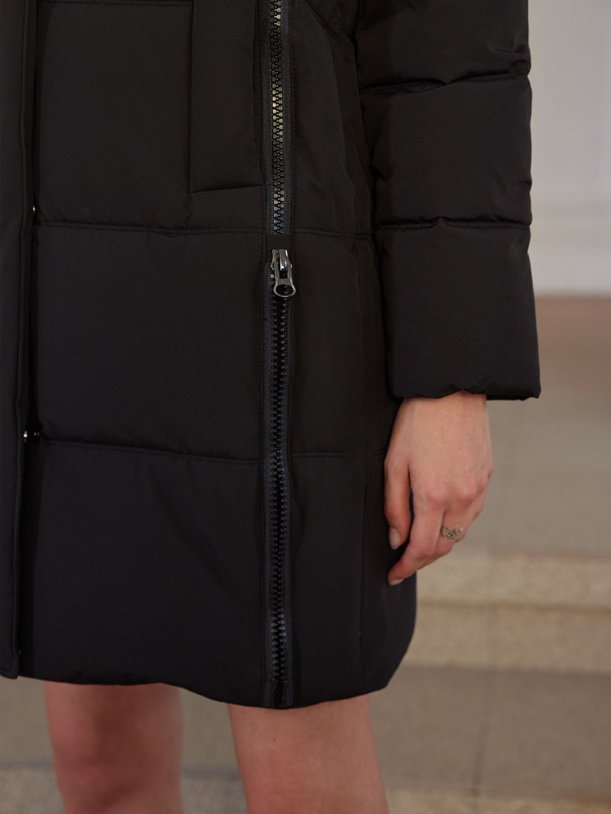 Classic Four Pocket Mid-Length Thickened Down Jacket, machine washable, woman winter coat, down jacket, bio down jacket, dark colour, wind proof, water proof