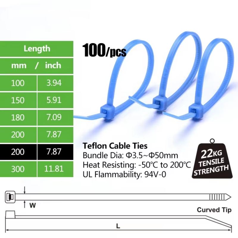 4.8*200mm Self-Locking Etfe Cable Zip Ties Wraps Electrical Application Blue Wrap Tie Belt