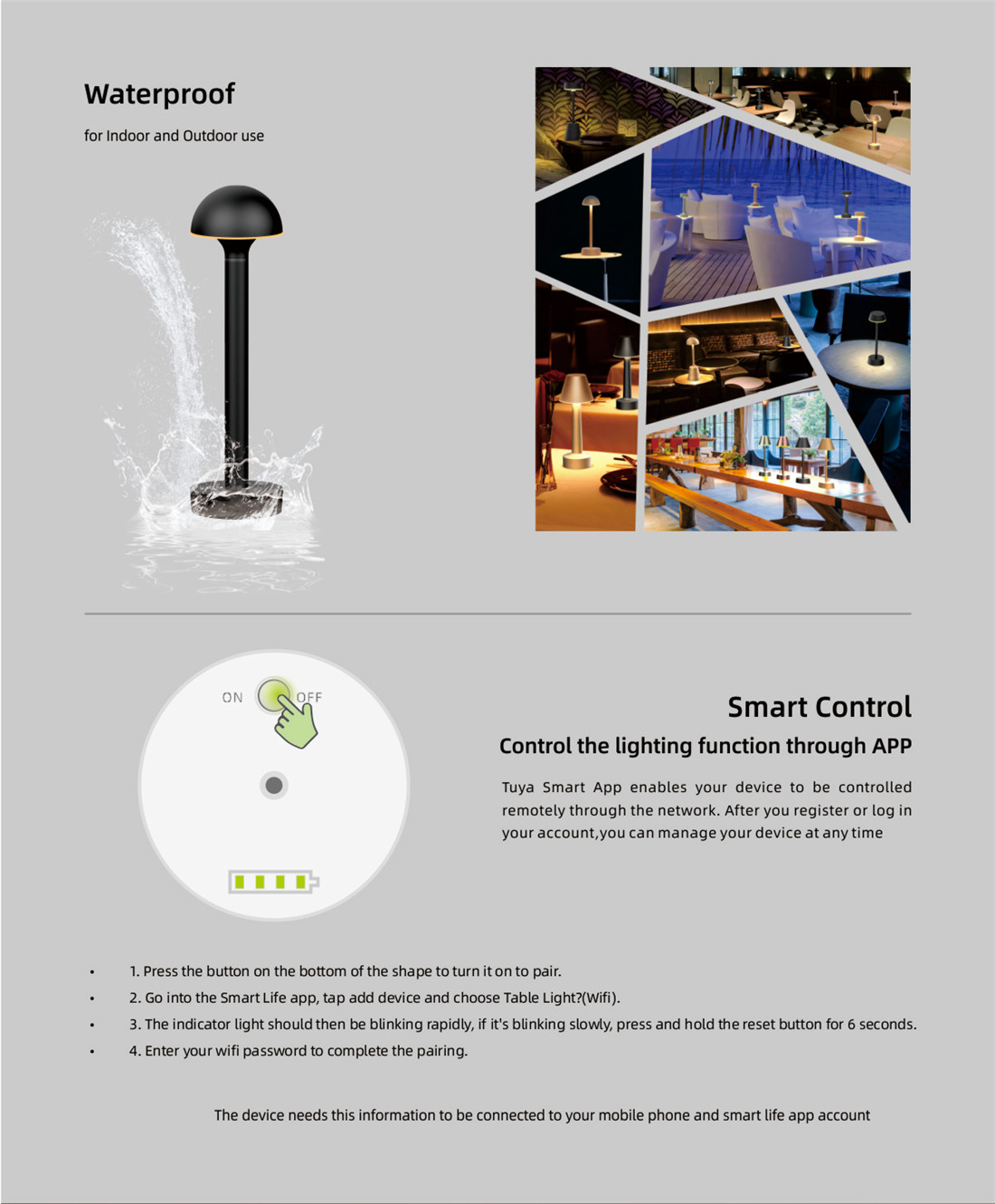 Wi-Fi Rechargeable Table Lamp Dimmable RGBW Night Light, Waterproof for Living Rooms, Bedrooms and Outdoor
