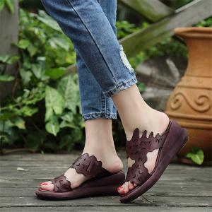 China S012 Handmade original first layer leather fish mouth wedge heel women's sandals retro style thick-soled soft leather wo factory