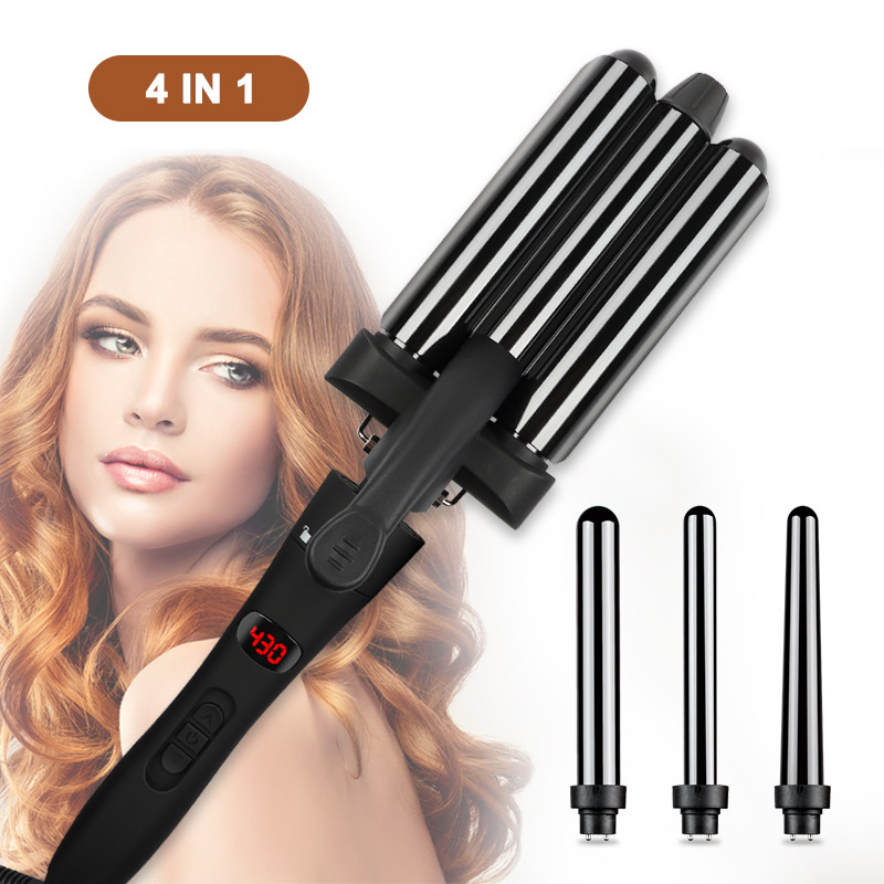 Ceramic Tourmaline Barrels Interchangeable Curling Iron Set LCD Temp Control