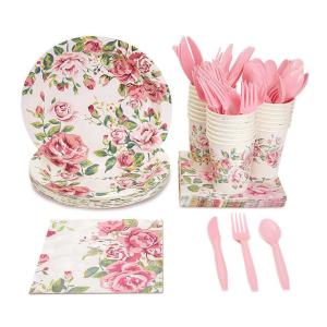 China Pink Floral Baby Shower Afternoon Tea Disposable Paper Tableware factory