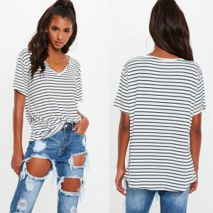 China White and Navy Striped V Neck Boyfriend Clothing T Shirt Women factory