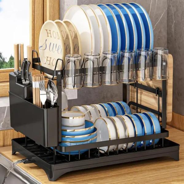 Kitchen Dish Drying Rack with Drainboard 2-layer Foldable Tableware