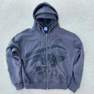 China Custom Screen Print Logo 100% Cotton French Terry Oversized Hoodie Boxy Cropped Zip Up Triple Hood Hoodies for Men factory