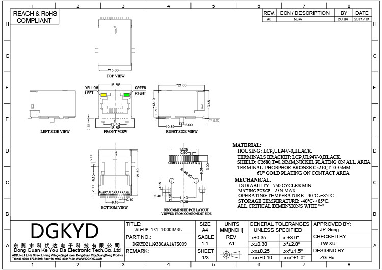 DGKYD211Q380AA1A7S009 SMD 6U RJ45 Network Interface Shielded Gigabit Integrated Filter