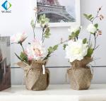 Tabletop Decoration Artificial Green Plants , Linen Bag Potted Fake Rose Plants