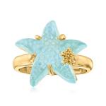 Italian Blue Enamel Starfish Hoop Earrings in 14kt Yellow Gold. 1 1/4