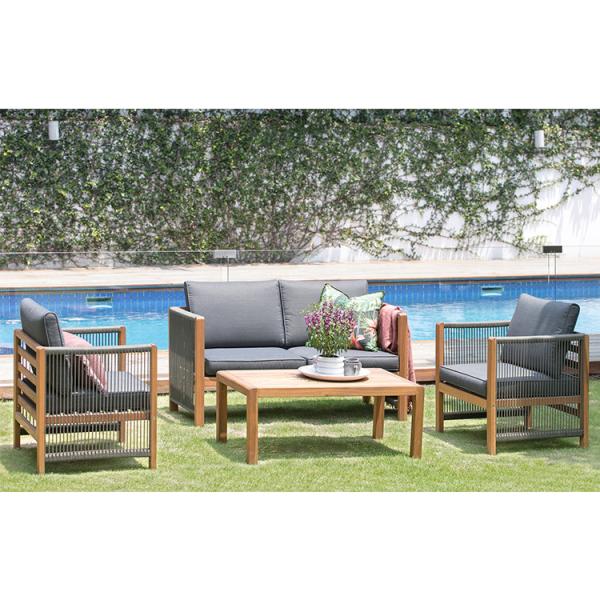 Outdoor Furniture Set with Wooden Lounge Chairs and PE Rattan Weave W71 x D66 x