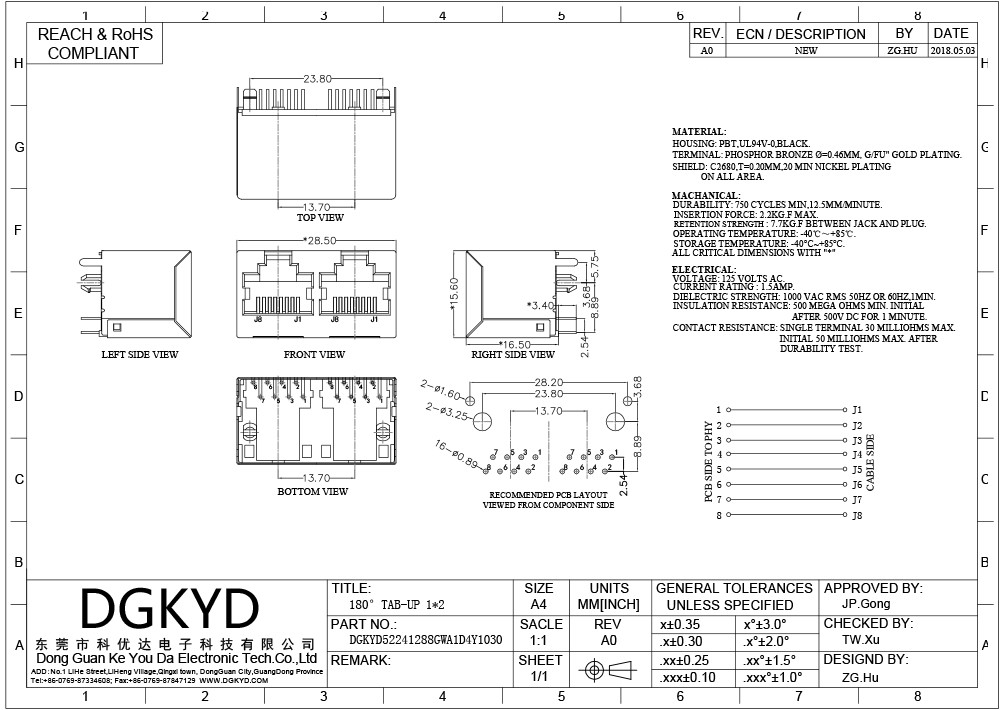 Modular 180 Degree 1X2 Ethernet RJ45 Connector