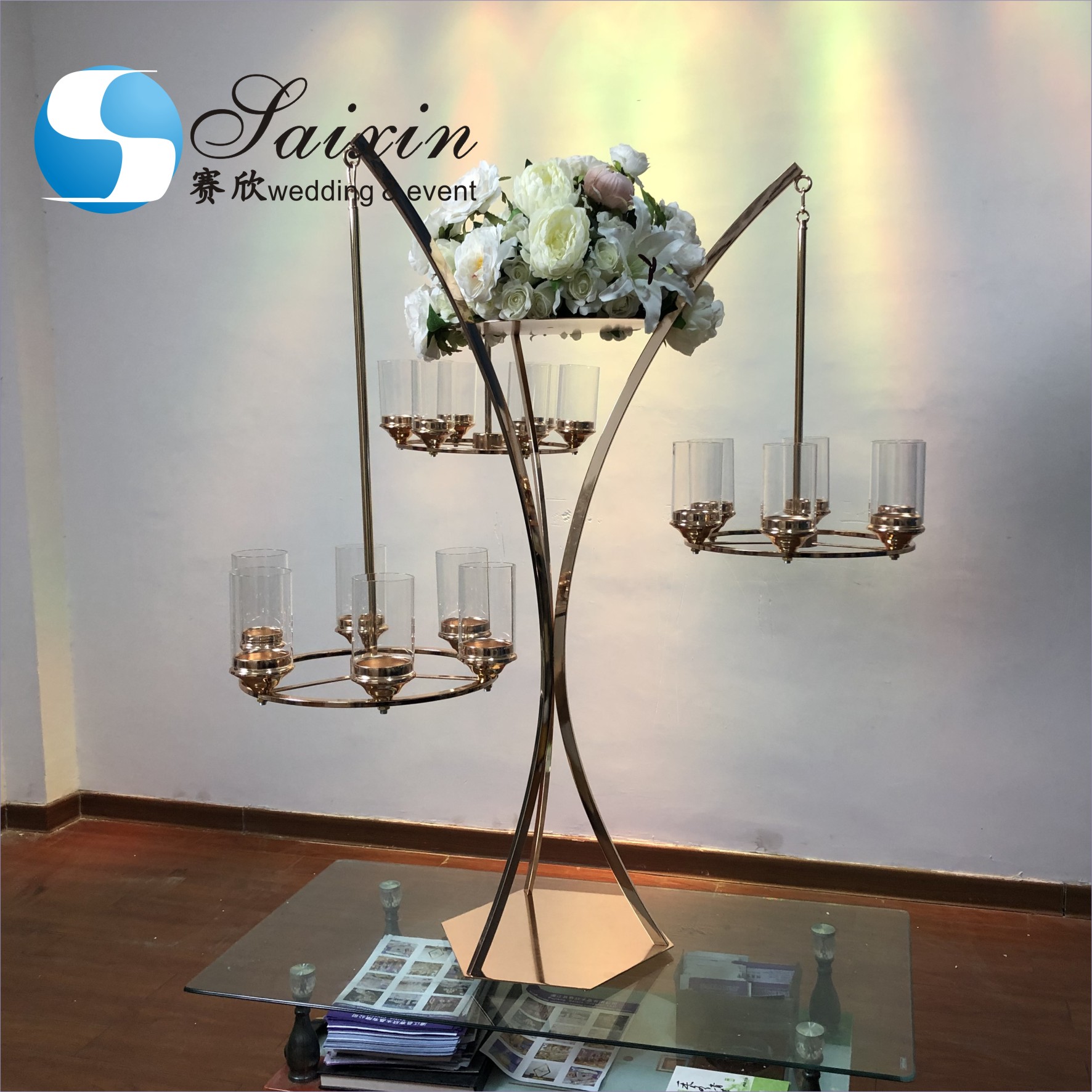 ZT-464 Chic shiny gold wedding centerpieces flower arrangement metal double circle