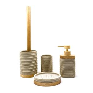 China Ribbed circles line polyresin bathroom sets wood base bathroom countertop accessories polyresin soap dispenser factory