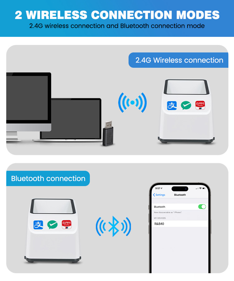 Wireless QR Code Reader Alipay Wechat Mobile Payment 1D 2D Desktop Payment Barcode Scanner