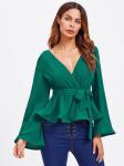 Bell Sleeve Wrap Blouse with Deep V Neck