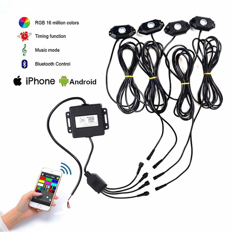 4 Pods RGB LED Rock Security Lights with Bluetooth Controller for Music Mode , Flashing
