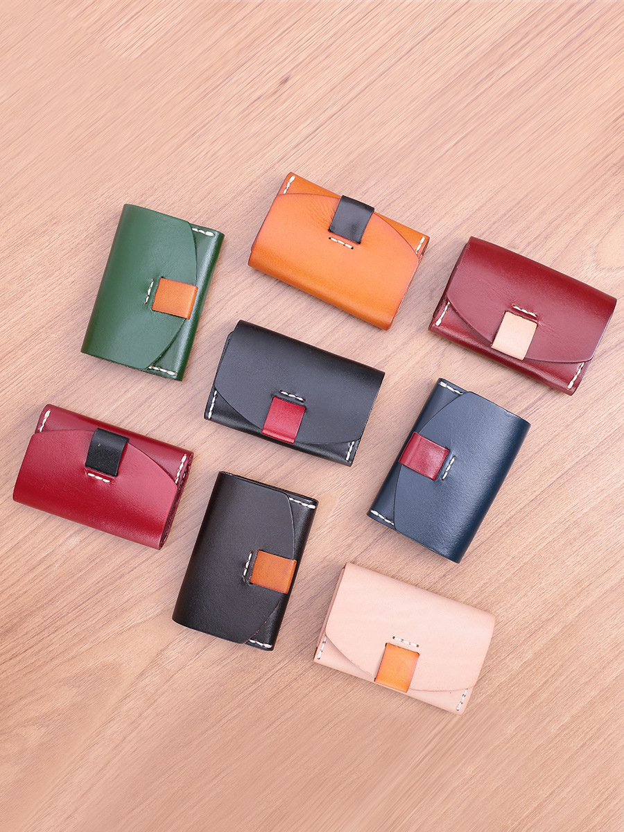 Vegetable Tanned Leather Short ID Card Holder for Cowhide Change Coin and Open Closure