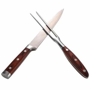 China BBQ tool 2PCS stainless steel 8inch kitchen knife and fork with PAKA wood forged handle factory