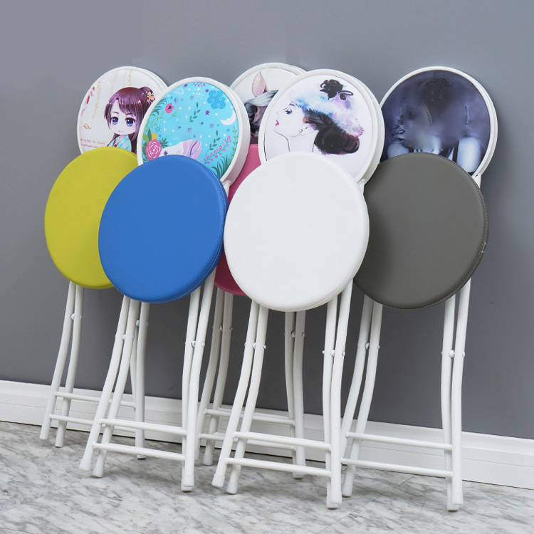 Outdoor Furniture Portable Folding Metal Frame Leather Round Stool Chair with Cushion