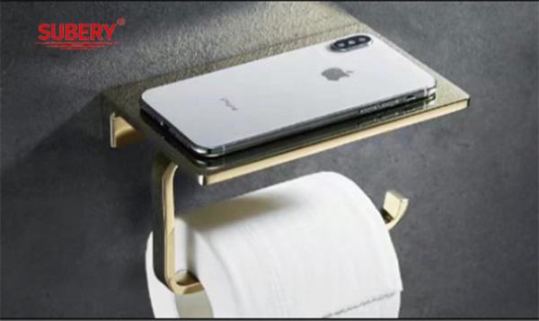 China Wall Mounted Zinc Toilet Paper Holder Tissue Holder Roll Paper Holder Golden Color With Mobile Phone Shelf factory