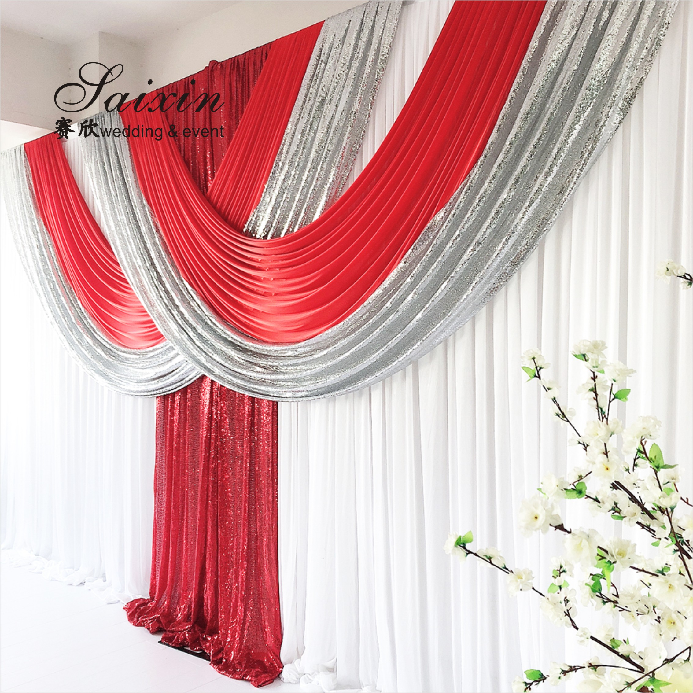 New design double drape white cloth curtains cross valance for wedding Decorative backdrop