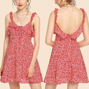 China 2018 fashion summer ruffle floral red mini backless dress for women factory