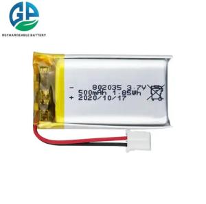 China KC approved Lipo Battery 802035 3.7v 500mah Lithium Polymer Rechargeable Battery factory