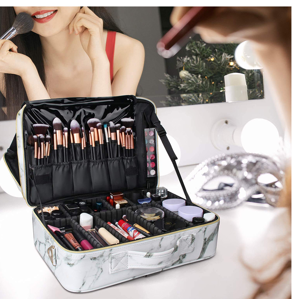 Marble PU Leather Cosmetic Brush Case For Travel