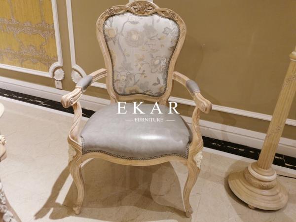 Antique Ash Wood Hand Carved Leather and Fabric Upholstered Armchair Home Office