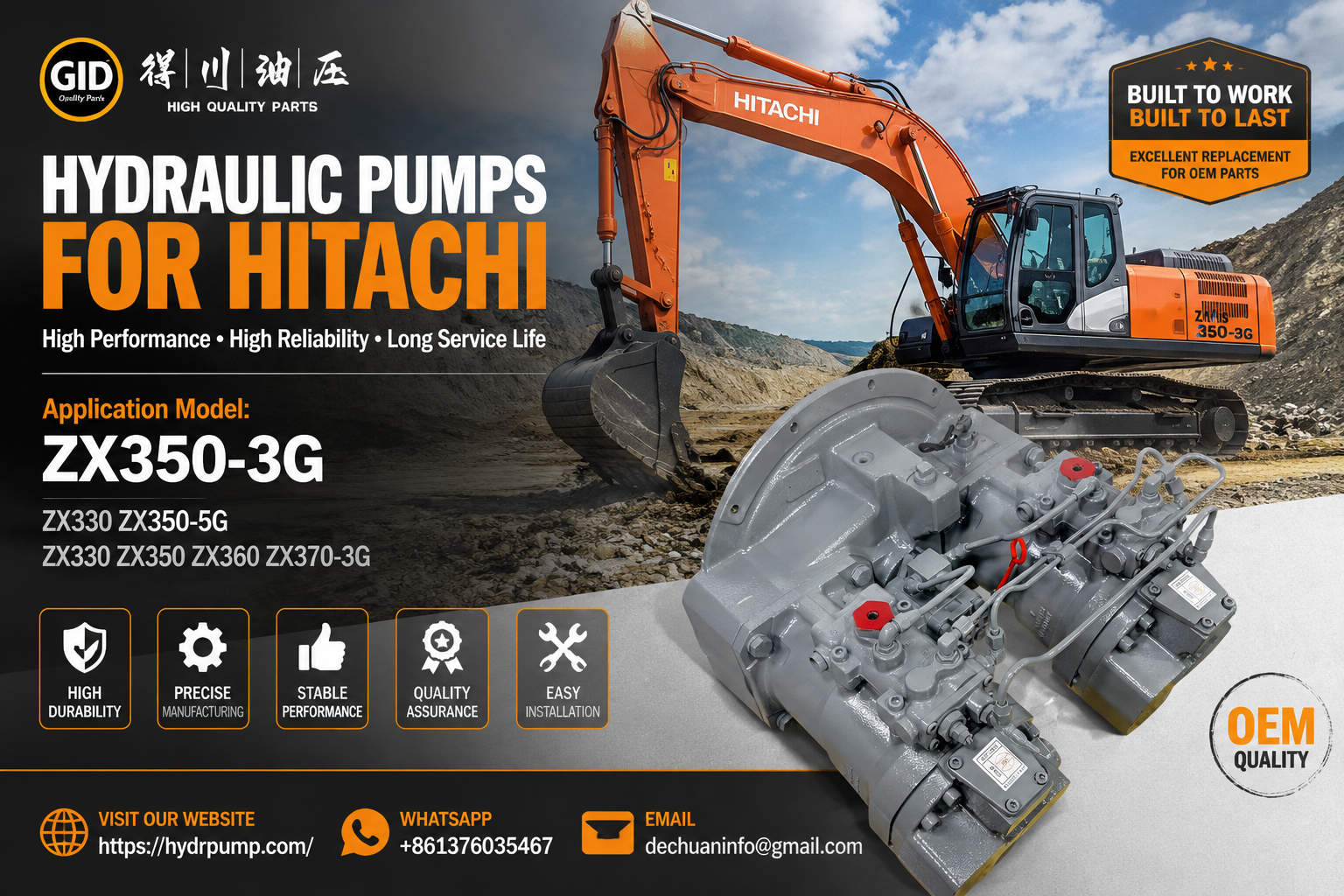 High Pressure High Efficiency Stable Operation Excavator Hydraulic Main Pump HPV102GW-25A for Hitachi ZX240-3G