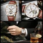 KINYUED Hot Sale Men Tourbillon Automatic Mechanical Watch Leather Strap Date