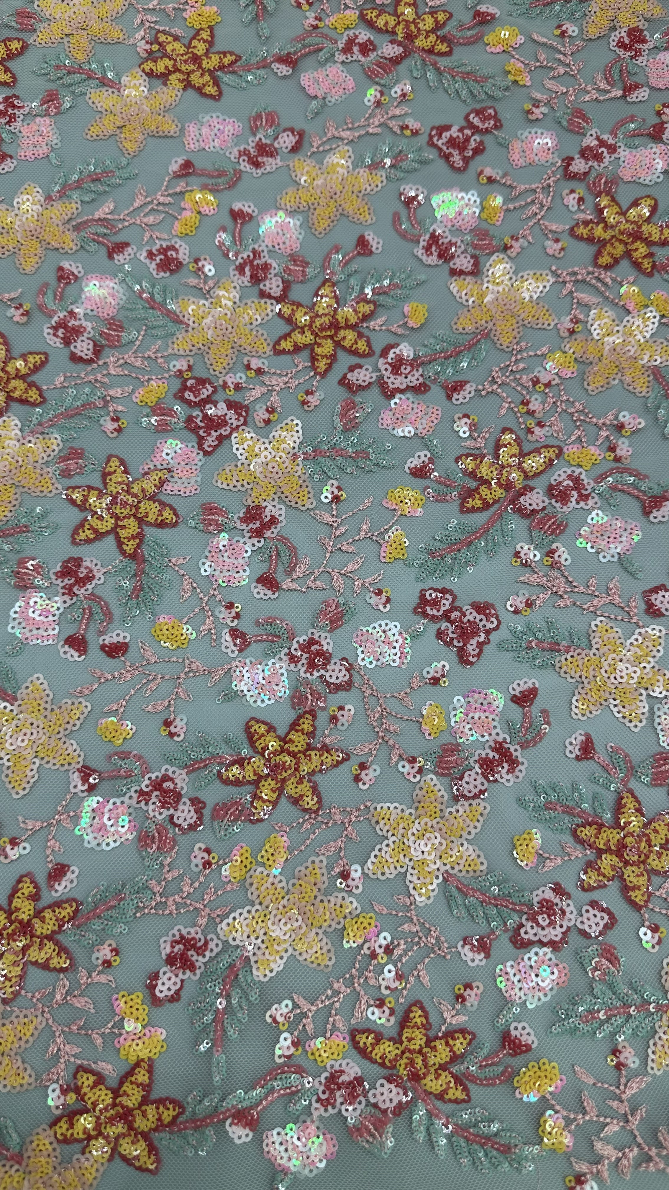 3D Flower Lace Fabric Mesh Lace For Gowns 100% Polyester Colorful Sequin Embroidered Fabric