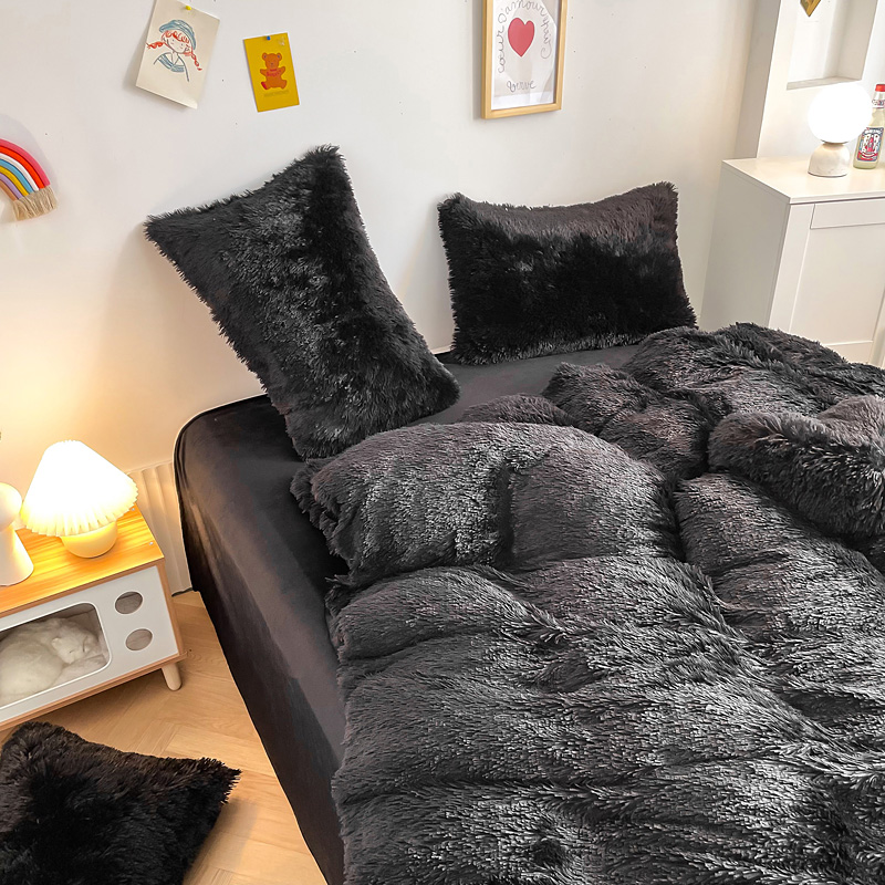 Warm Mink Velvet Crystal Bedding Solid Duvet Cover Set for Winter Dazzling Black Color
