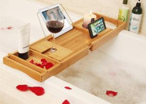 China Bathroom Organizer Bamboo Expandable Bathtub Caddy Tray factory