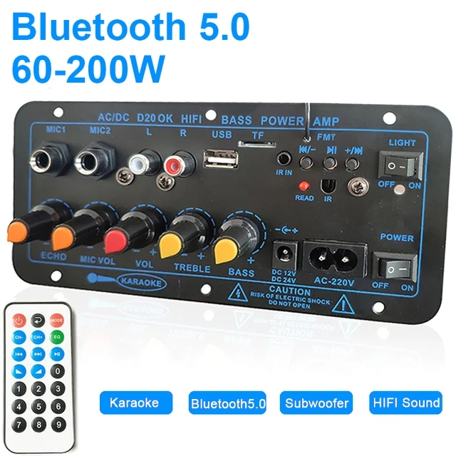 D20 60-200W BT Amplifier Board Car Stereo Amplificador Subwoofer USB FM Radio TF Player Dual Microphone