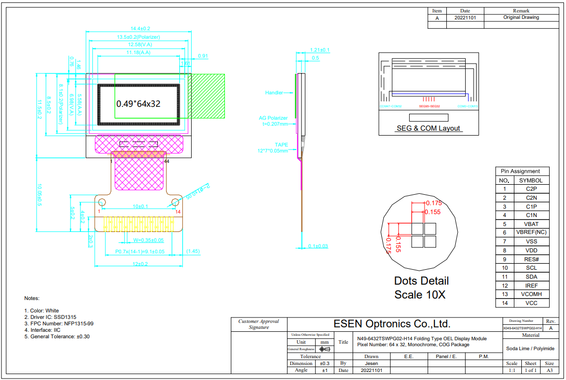 0.49 Inch 64x32 Dots OLED Display Module with 4-wire SPI/I²C Interface and SSD1315 Driver IC