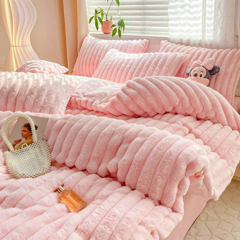 Hot Furry Design Rabbit Faux Fur Fluffy Plush Warm Duvet Cover Set Four-piece Bedding Set