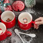 Eco Friendly Red Ceramic Cups , Ceramic Christmas Mugs With Spoon Lid OEM ODM