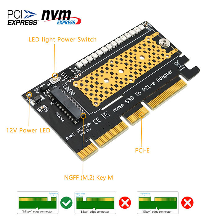 M.2 Nvme SSD To PCI E Adapter 4X 8X 16X With 3528 Colorful Flash LED