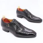 Mens Patent Leather Shoes Low Heel Mens Pointed Toe Dress Shoes With Faux Snake