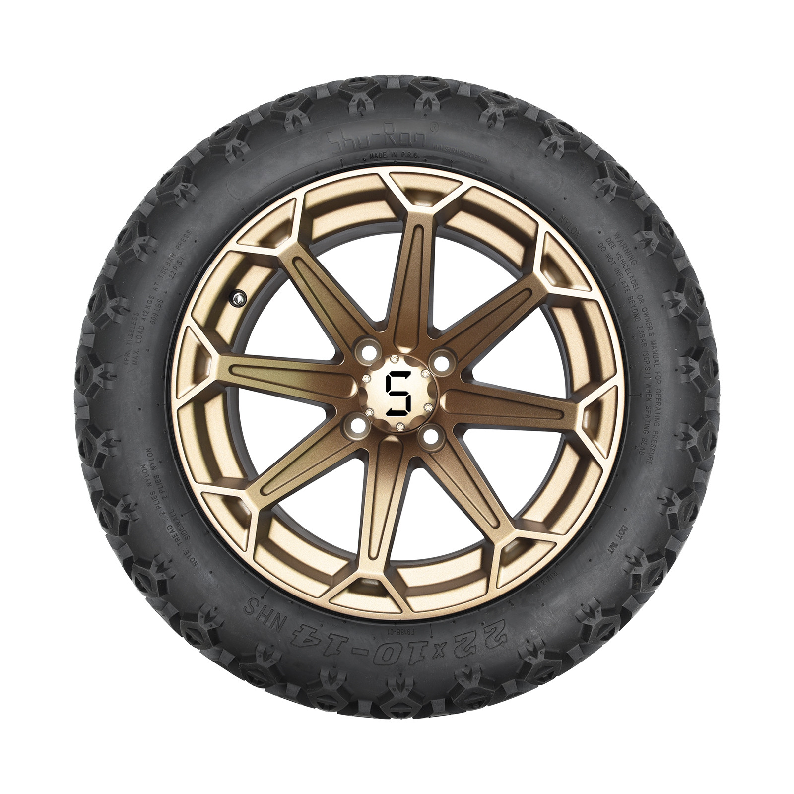 14 Inch Golf Cart Bronze Wheel and 22x10-14 Off-Road Tire with Lug Nuts and Center Caps