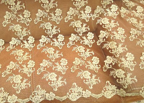 Gold Retro Scalloped Corded Lace Fabric , Polyester Embroidered Floral Tulle