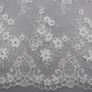 China 3D Flower Beaded Lace Fabric , Embroidery Lace Tulle Fabric For Bridal Dresses factory