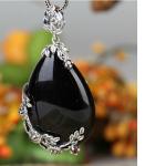 Vintage Jewelry 925 Silver Marcasite Drop Black Agate Pendant Necklace 18 Inches