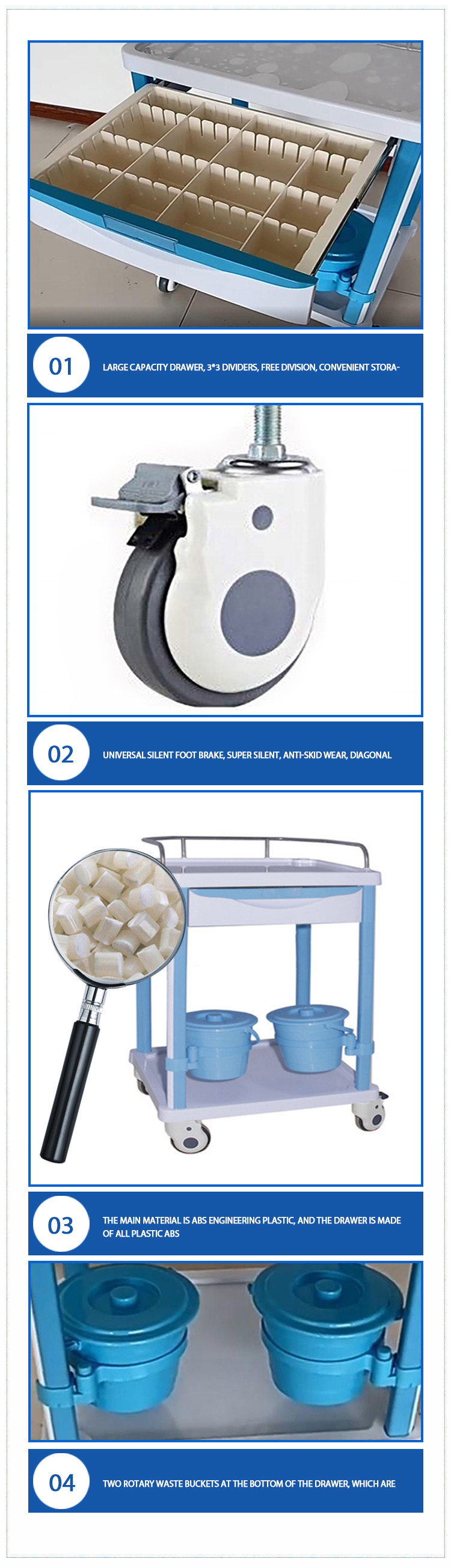 Multifunction ABS Hospital Furniture Treatment Medical Trolley Cart