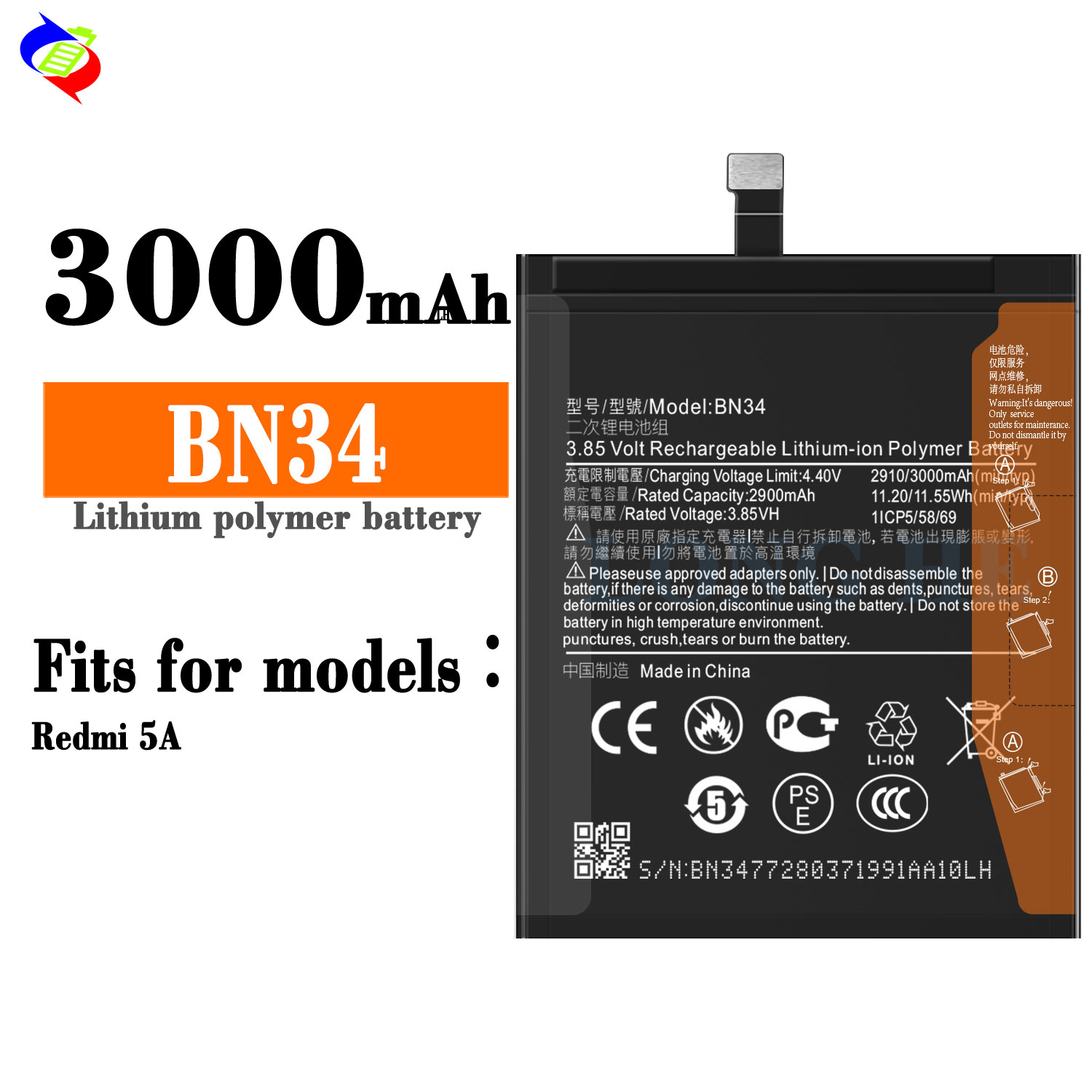 Stock BN34 3000mAh 4.4V Lithium Ion Polymer Battery for Xiaomi Mi Redmi 5A Mobile Phone