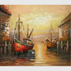 China Hand Painted Red Boats Painting by Palette knife, Abstract Acrylic Painting on Dock factory